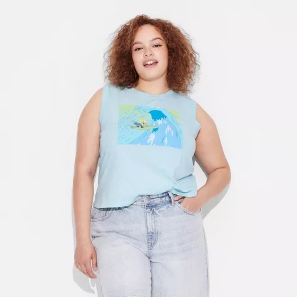 NWT Nickelodeon Women's SpongeBob Surfing Graphic Tank Top - Light Blue XXL - Picture 3 of 14